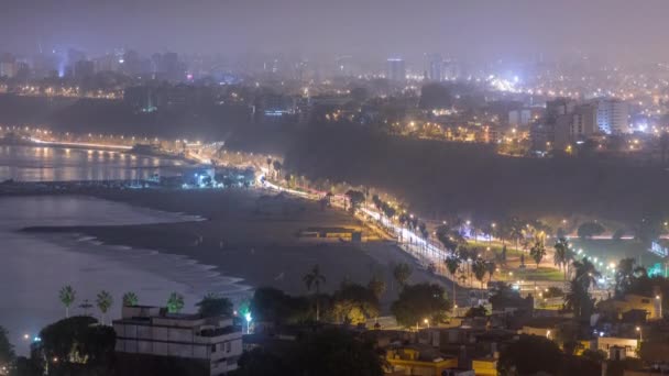 Vista aérea de la costa de Limas incluyendo los distritos de Barranco y Chorrillos noche a día timelapse. Perú — Vídeos de Stock