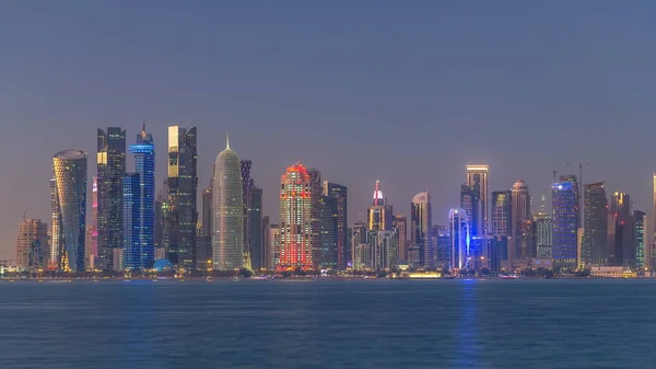 Doha Downtown Skyline Day Night Transition Timelapse Qatar Middle East — Stock Photo, Image