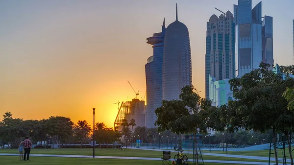 Distrito Gran Altura Doha Timelapse Atardecer Visto Desde Hotel Park — Foto de Stock