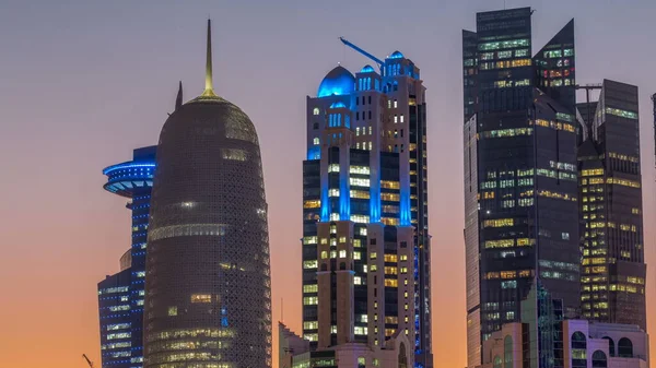 Distrito Gran Altura Doha Día Noche Timelapse Transición Después Puesta —  Fotos de Stock