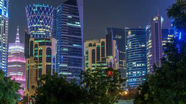 Skyline Doha Night Starry Sky Seen Park Timelapse Qatar Trees — Stock Photo, Image