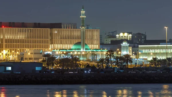 Moschea Shouyoukh Torre Dell Orologio Illuminato Notte Timelapse Doha Capitale — Foto Stock
