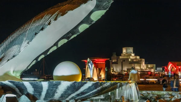 Corniche Fountain Featuring Oyster Gigantic Pearl Illuminated Night Timelapse Doha — Stock Photo, Image