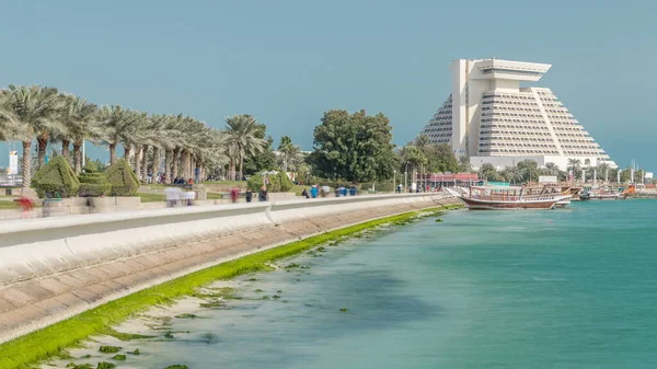 Doha Corniche West Bay Timelapse Old Boats Water Qatar Corniche — Stock Photo, Image