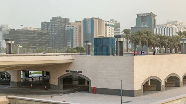 View Doha City Front Museum Park Evening Timelapse Qatari Capital — Stock Photo, Image