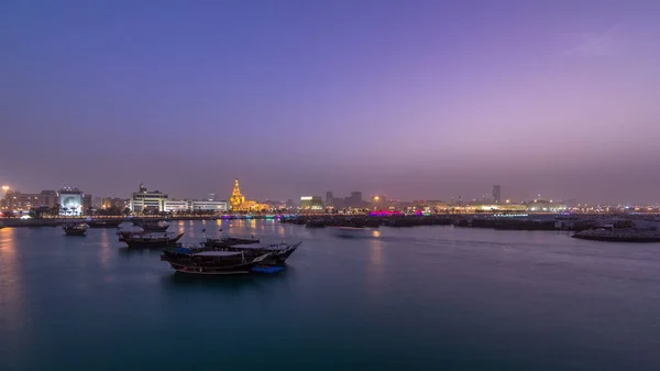 Soirée Doha Bay Période Transition Jour Nuit Avec Des Bateaux — Photo