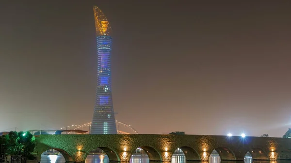 Torre Aspire Antorcha Hotel Timelapse Doha Sports City Por Noche — Foto de Stock