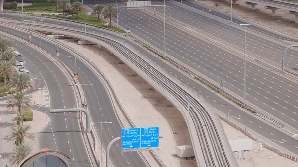 Aerial View Empty Highway Interchange Dubai Epidemic Lockdown Cityscapes Disappearing — Stock Photo, Image