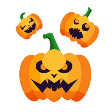 Mutlu Cadılar Bayramı için duygu çeşitlemesiyle kabaklar siluet simgeler kümesi. Cadılar Bayramı partisi poster için beyaz arka plan üzerinde izole vektör kabak.