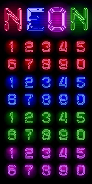 Conjunto de números de neón realistas con diferente brillo de color de neón — Archivo Imágenes Vectoriales