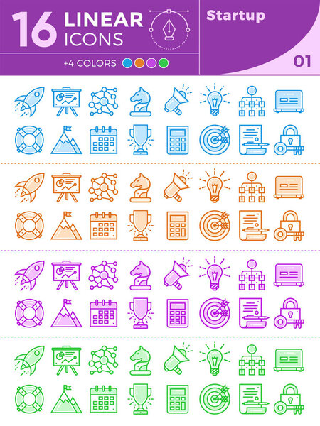 Уникальные линейные иконки разного цвета для баннеров и других видов нового бизнес-дизайна
