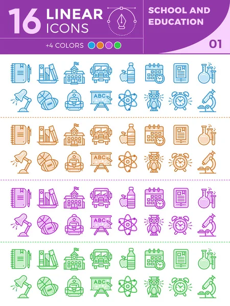 Iconos lineales únicos con diferentes colores para pancartas y otros tipos para la escuela y la educación — Vector de stock