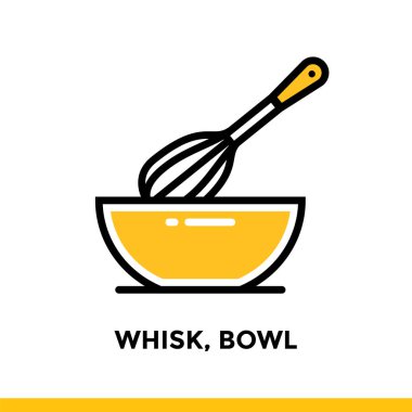 Anahat simgesini çırpma teli, fırın, kase yemek. Vektör hat simgeler bilgi grafik, baskı ortamı ve arabirimler için uygun