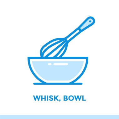 Anahat simgesini çırpma teli, fırın, kase yemek. Vektör hat simgeler bilgi grafik, baskı ortamı ve arabirimler için uygun