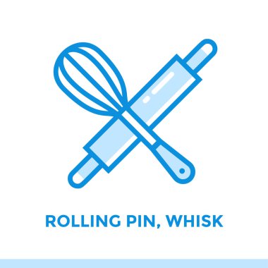 Doğrusal simgesi oklava, fırın, çırpma teli yemek. Piktogram anahat tarzı. Mobil uygulamalar, Web siteleri ve sunumu için uygundur.