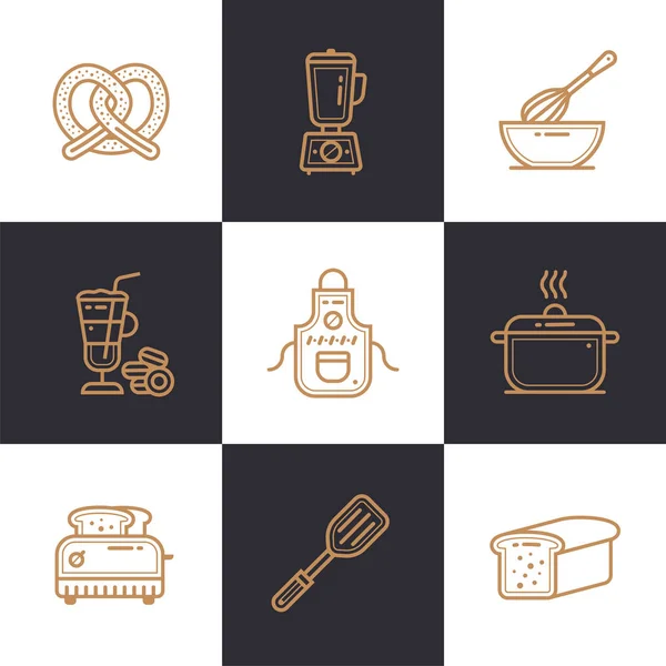 Conjunto de iconos lineales únicos de panadería, cocina. Iconos modernos de alta calidad adecuados para gráficos de información, medios impresos e interfaces — Vector de stock