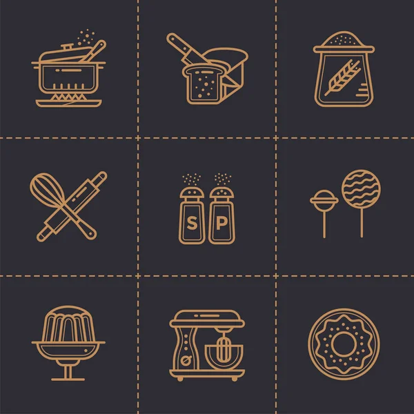Conjunto de ícones lineares vetoriais de padaria, cozinhar. Ícones modernos de alta qualidade adequados para impressão, site e apresentação — Vetor de Stock