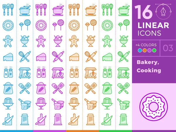 Conjunto de iconos lineales únicos de panadería, cocina. Con diferentes colores adecuados para pancartas y otros tipos — Vector de stock