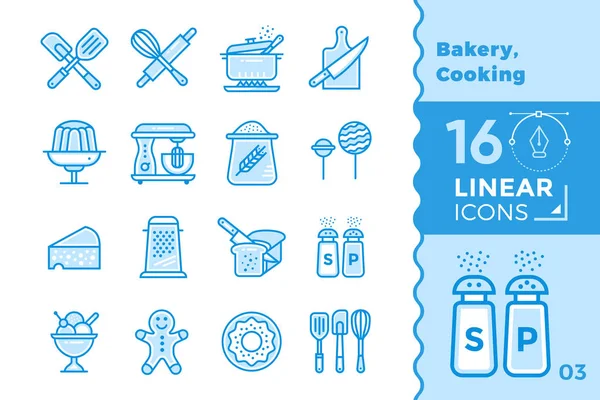 Conjunto de iconos lineales vectoriales de panadería, cocina. Iconos modernos de alta calidad para banners, aplicaciones móviles y presentaciones — Vector de stock