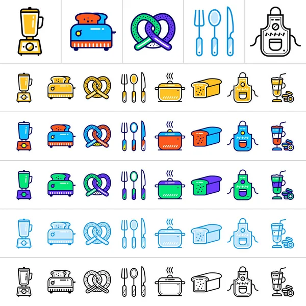 Iconos lineales únicos con diferentes colores de panadería, cocina. Adecuado para banners y otros tipos de diseño — Vector de stock