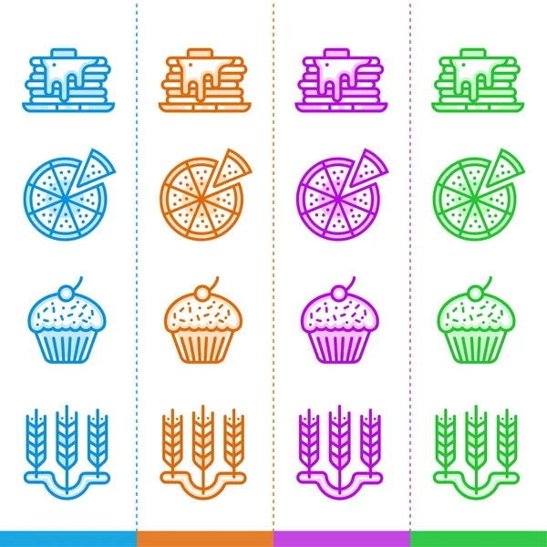 Conjunto vectorial de iconos lineales, panadería y cocción en diferentes colores. Adecuado para sitios web, aplicaciones móviles e impresión — Vector de stock