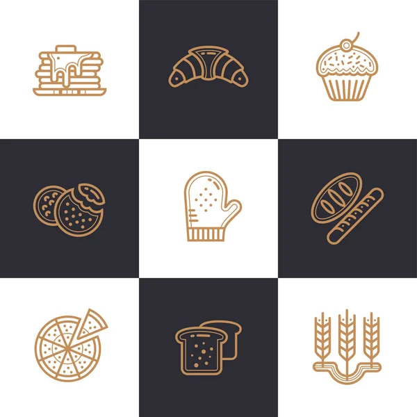 Conjunto vetorial de ícones lineares, padaria e culinária. Ícones de contorno modernos para aplicativos móveis e conceitos da web — Vetor de Stock