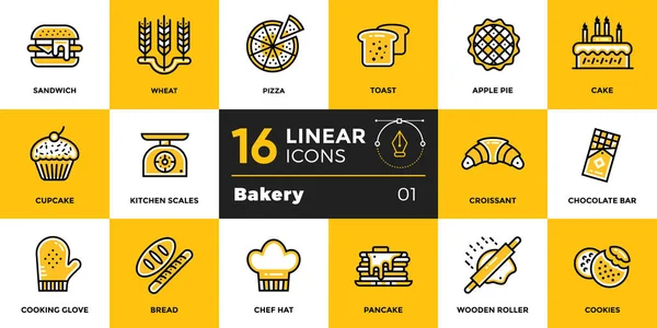 Vector set lineaire pictogrammen, bakkerij en koken. Hoogwaardige moderne iconen voor geschikt voor drukwerk, website en presentatie — Stockvector