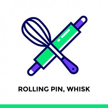 Doğrusal simgesi oklava, fırın, çırpma teli yemek. Piktogram anahat tarzı. Mobil uygulamalar, Web siteleri ve sunumu için uygundur.