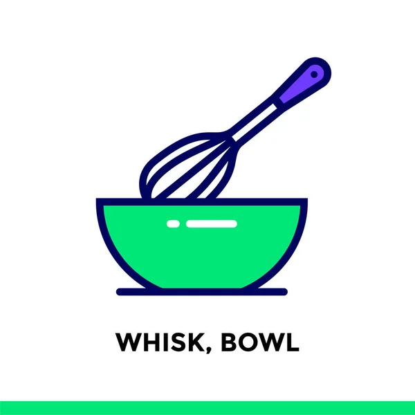 Icono lineal WHISK, BOWL de panadería, cocina. Pictograma vectorial adecuado para sitios web, presentación y medios impresos — Vector de stock