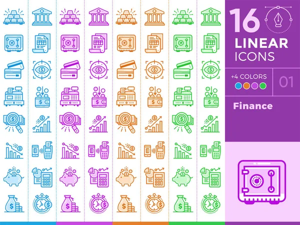 Conjunto de iconos lineales únicos de finanzas, banca. Con diferentes colores adecuados para pancartas y otros tipos — Vector de stock