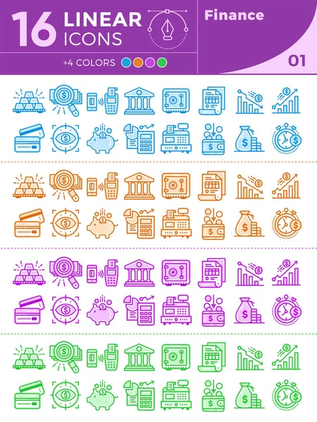Conjunto de iconos lineales únicos de finanzas, banca. Con diferentes colores adecuados para pancartas y otros tipos — Vector de stock