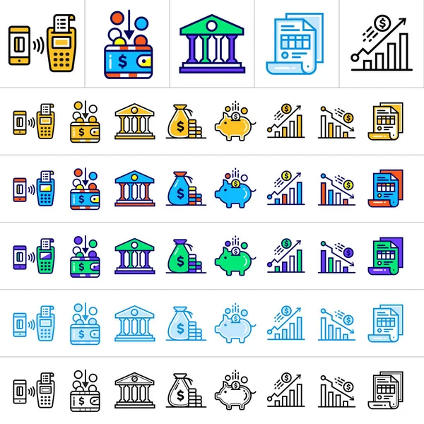 Egyedi lineáris ikonok különböző színű, pénzügyi, banki. — Stock Vector