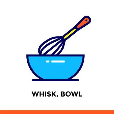 Kontur satırı simgesi çırpma teli, fırın, kase yemek. Vektör modern düz piktogram için mobil uygulama ve web tasarım