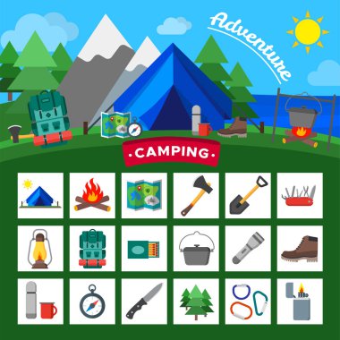 Kamp açık hava etkinliği simgeler kümesi. Turist kamp ekipmanları