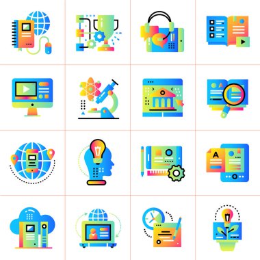 Online Eğitim ve e-öğrenme düz simge kümesi. Malzeme desig