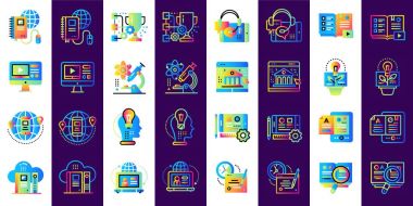 Online Eğitim ve e-öğrenme simge kümesi özetlenmiştir. Malzeme de