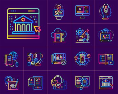 Online Eğitim ve e-öğrenme doğrusal simge kümesi. Malzeme des