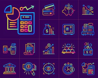 Finans, bankacılık doğrusal simgeler koleksiyonu. Mobil cihazlar için modern bir