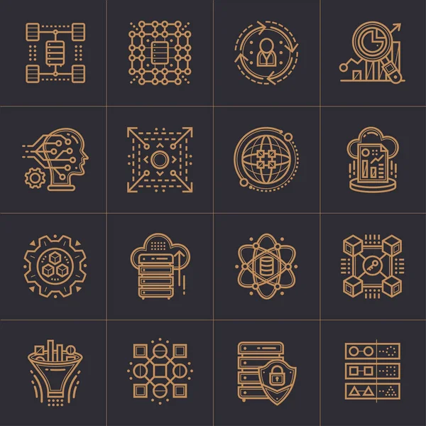 Lineaire icon set van Data science technologie en machinaal leren — Stockvector