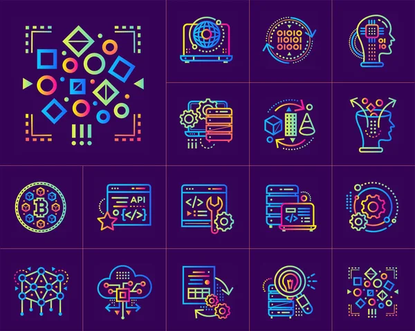 Conjunto de iconos lineales de tecnología de ciencia de datos y aprendizaje automático — Vector de stock