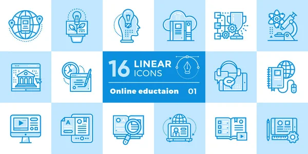 Linear icon set of Online education and e-learning. Material des — Stock Vector