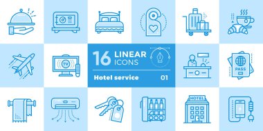 Otel hizmetleri doğrusal simgeler kümesi. Yazdırma, Web sitesi için uygun 