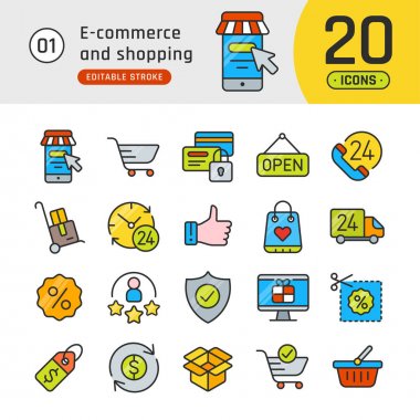 Online alışveriş ve e-ticaret satır Icons set. Piktogram toplamak