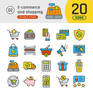 Online alışveriş ve e-ticaret satır Icons set. Piktogram toplamak