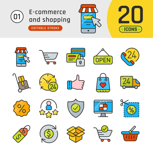 Online alışveriş ve e-ticaret satır Icons set. Piktogram toplamak