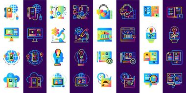 Online Eğitim ve e-öğrenme simge kümesi özetlenmiştir. Malzeme de