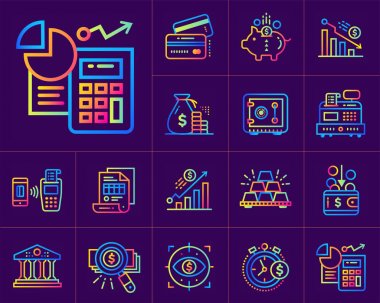 Finans, bankacılık doğrusal simgeler koleksiyonu. Mobil cihazlar için modern bir