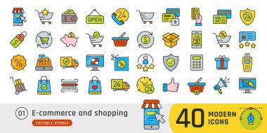 Online alışveriş ve e-ticaret satır Icons set. Bann için uygundur.