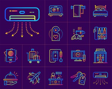 Otel hizmetleri doğrusal simgeler kümesi. Yazdırma, Web sitesi için uygun 