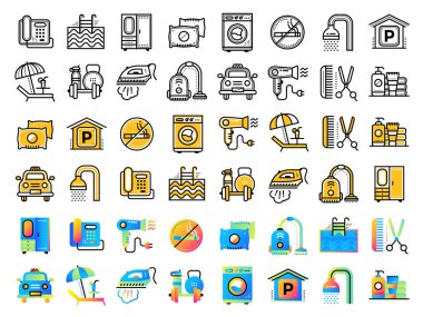 Otel hizmetleri doğrusal simgeler koleksiyonu. Modern anahat simgeleri 